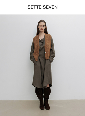 SETTE SEVEN·军绿立领系带连衣裙秋冬不规则小众设计感通勤长裙