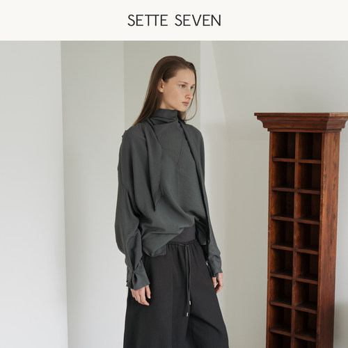 SETTE SEVEN高级感灰色飘带衬衫女2026秋季气质荡领长袖通勤上衣