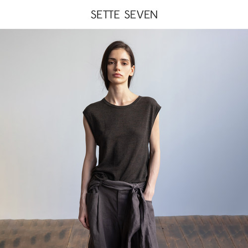 SETTE SEVEN纯羊毛针织背心女休闲简约圆领落肩无袖打底衫新款夏