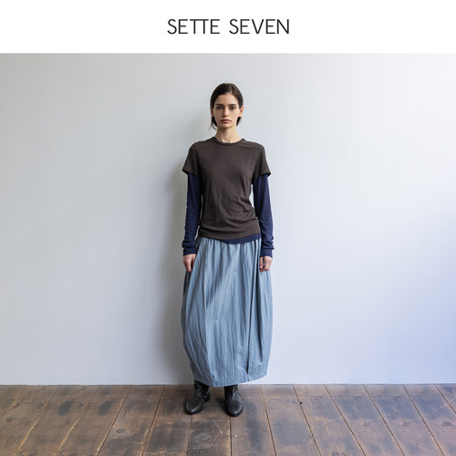 SETTE SEVEN纯色透气休闲弹力腰花苞裙褶皱设计遮肉宽松半身裙夏