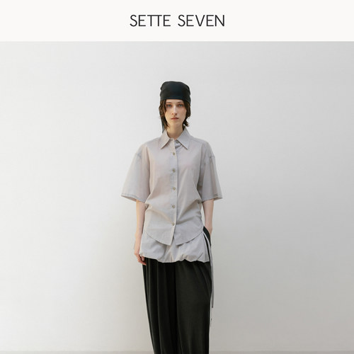 SETTE SEVEN纯棉复古翻领宽松衬衫女抽绳掐褶设计收腰显瘦上衣夏