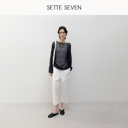 SETTE SEVEN夏季纯棉松紧腰阔腿显瘦七分休闲裤女简约中高腰通勤