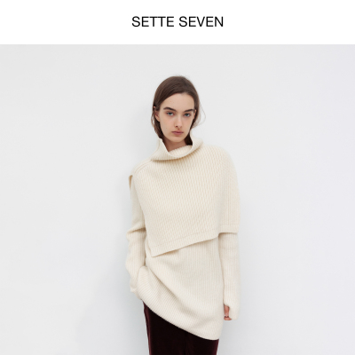 SETTE SEVEN·高领围巾圆领针织毛衣连衣裙翻领坑条针织开衫套装