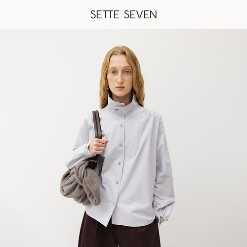 SETTE SEVEN法式立领衬衫女秋季高级感褶皱长袖衬衣气质通勤上衣