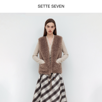 SETTE SEVEN·仿皮草系带马甲秋冬季保暖复古V领设计叠穿无袖外套