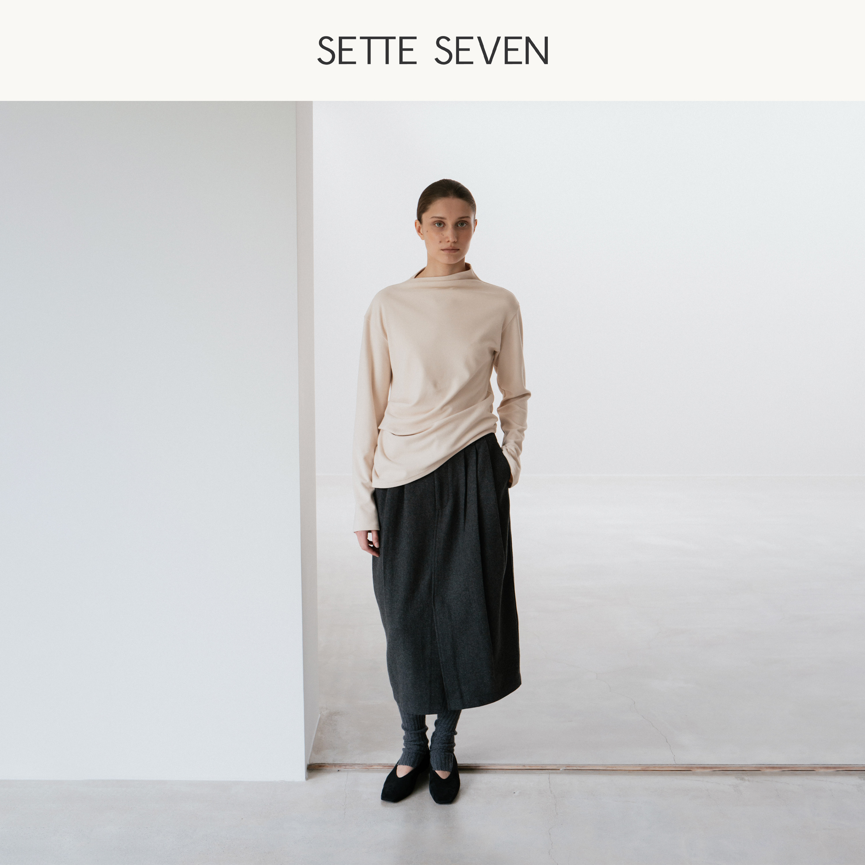 SETTE SEVEN高腰毛呢半身裙女秋冬压褶前开叉中长款A字裙通勤半裙