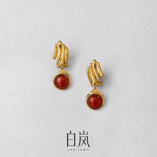 白岚流霞耳夹925银红玛瑙无耳洞耳饰女气质红色本命年饰品ED4826