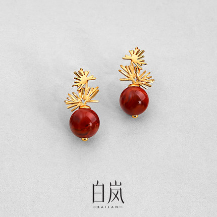 白岚金松南红耳钉南红玛瑙925银耳饰耳环女复古气质配饰ED4558