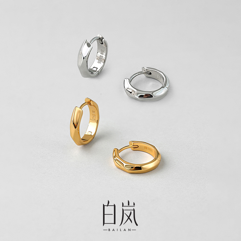 镜光耳圈白岚925银简约时尚女