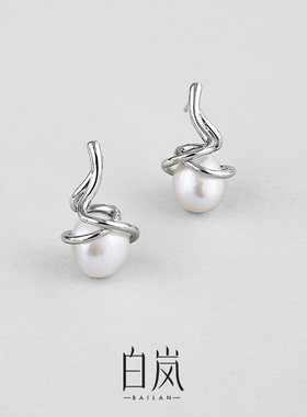 白岚盘根珍珠耳钉女淡水珍珠新款气质耳环小众设计感耳饰ED3878
