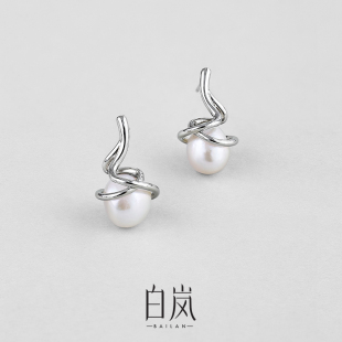 白岚盘根珍珠耳钉女淡水珍珠新款 气质耳环小众设计感耳饰ED3878