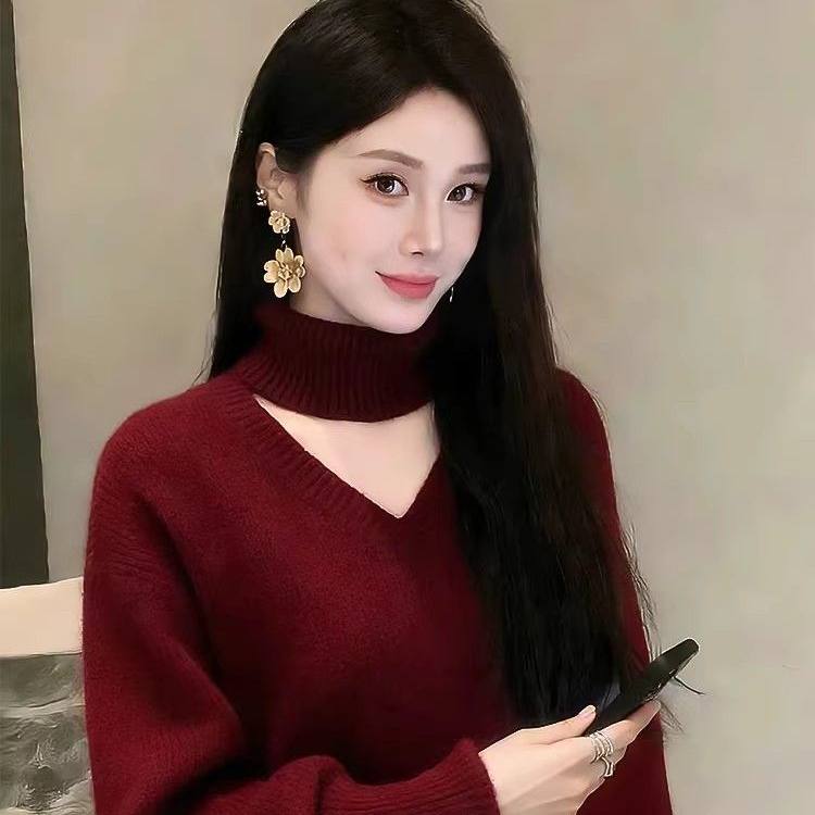 法式温柔风V领挂脖针织衫女套头毛针织衫