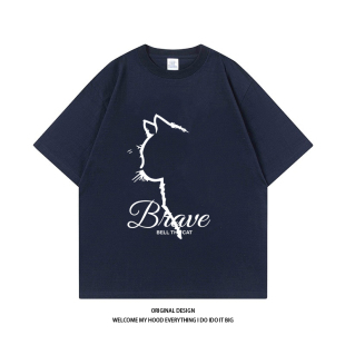 百搭宽松休闲圆领T男女同款 CHRY STUDIO港风潮牌描边猫咪印花短袖