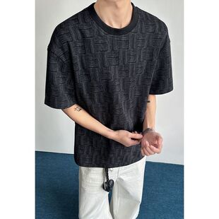 男士 T恤夏季 宽松港风圆领上衣 STUDIO潮牌肌理感编制格子短袖 CHRY