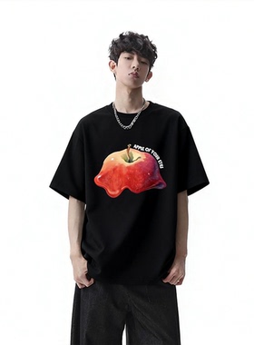 CHRY STUDIO潮牌ins小众趣味苹果印花短袖2024夏宽松休闲百搭情侣