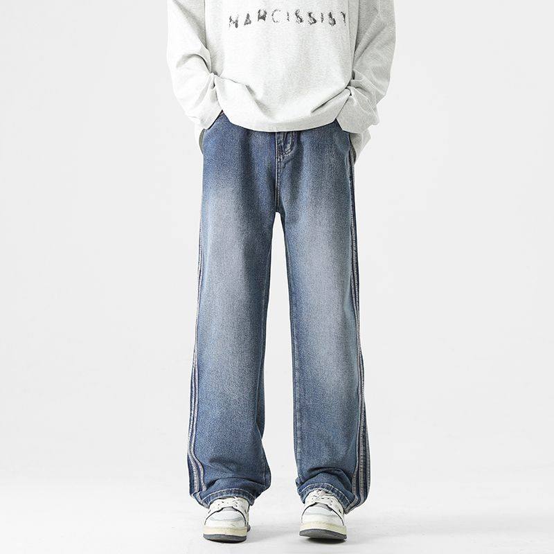 CHRY STUDIO侧边条纹拼接直筒牛仔裤春季宽松休闲百搭阔腿长裤男,男装,卫裤,淘宝优惠券,粉丝福利购,淘宝优惠卷