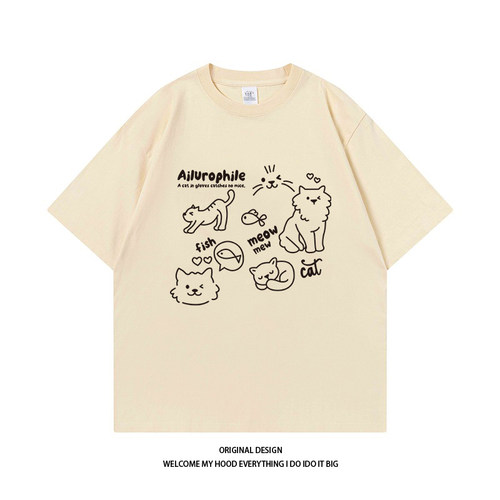 CHRY STUDIO美式设计感猫咪涂鸦印花短袖百搭宽松圆领休闲T情侣潮
