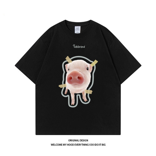 CHRY STUDIO潮牌美式卡通可爱小猪印花短袖宽松休闲百搭情侣款T恤