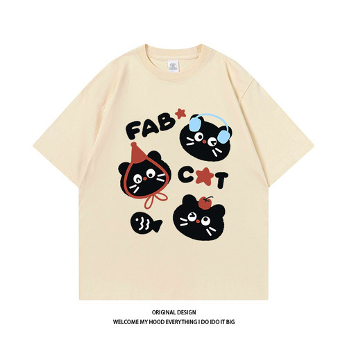 CHRY STUDIO美式潮牌趣味小黑猫印花短袖情侣款宽松上衣2024夏季T