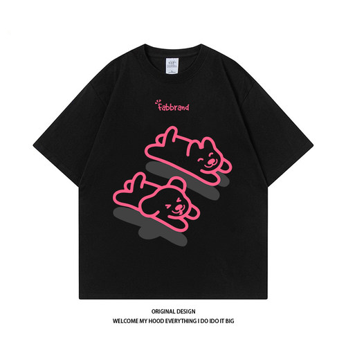 CHRY STUDIO美式国潮奔跑小狗印花情侣同款街头百搭宽松复古短袖T