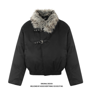 CHRY STUDIO美式复古大毛领短款棉服冬季新款皮卡扣工装保暖外套