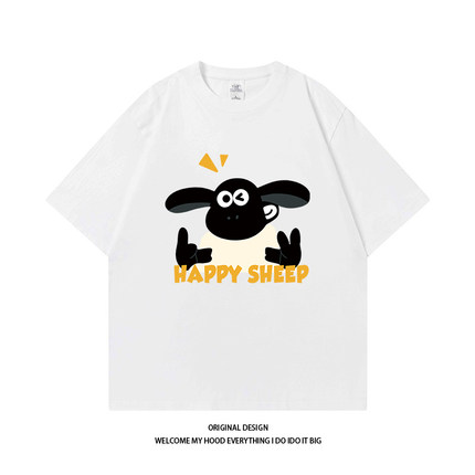 全棉210克潮牌美式卡通HAPPY小羊印花短袖夏季新款宽松百搭情侣