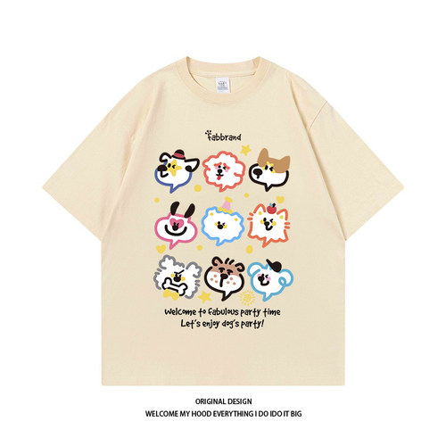 CHRY STUDIO国潮设计感趣味九宫格狗狗印花短袖2024新款宽松上衣T