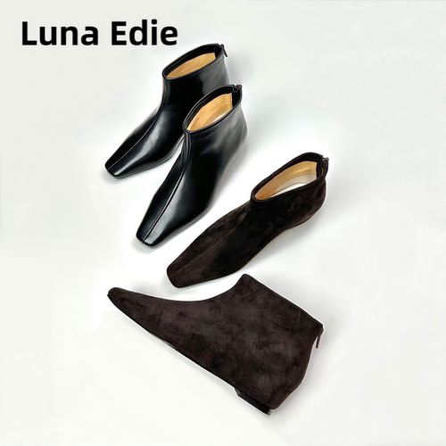 Luna Edie 牛皮方头内增高裸靴后拉链切尔西短靴女