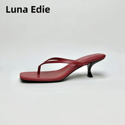 Luna Edie （6厘米）复古红色方头夹趾猫跟拖鞋女