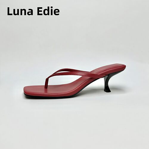 Luna Edie （6厘米）复古红色方头夹趾猫跟拖鞋女