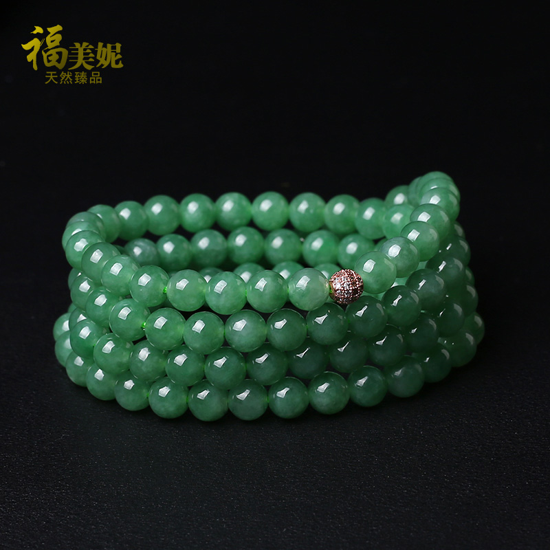 福美妮正品天然A货缅甸翡翠项链 圆珠链冰糯种女款 阳绿玉石珠子