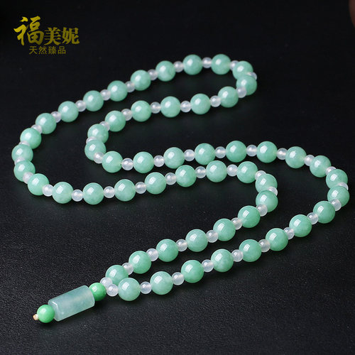福美妮缅甸老坑冰糯种翡翠项链女款 阳绿冰白玉石圆珠链 a货珠串 - 封面
