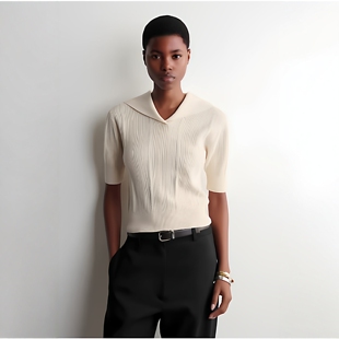 新品 CS女装 2026春季 上衣罗纹针织衫 1323996001 象牙白水手领短袖