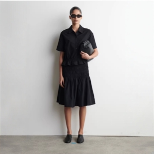 CS女装 休闲版型翻领收腰短袖衬衫黑色2026春季新品1328259001