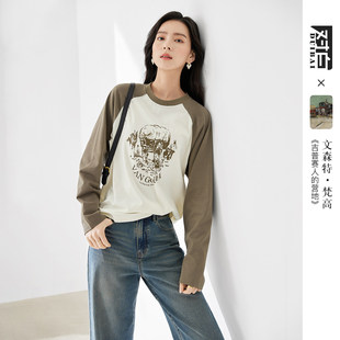 文森特·梵高联名对白撞色印花长袖T恤女2025秋新款宽松纯棉上衣