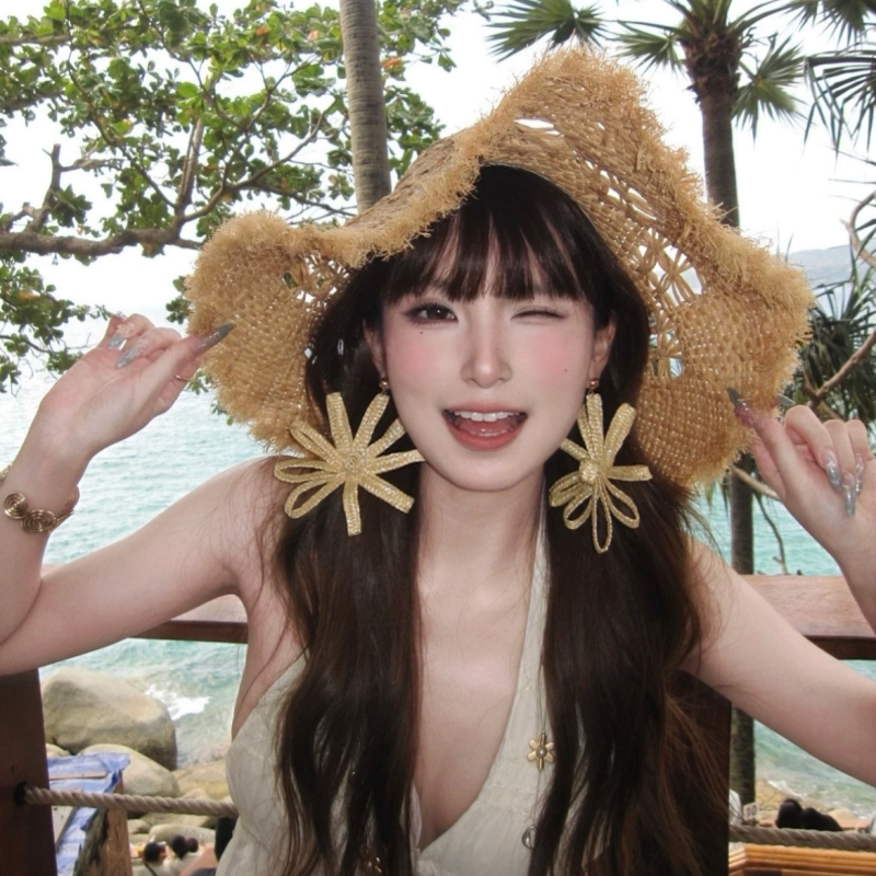 法式度假超大花朵草编耳环女夏季海边沙滩镂空耳饰波西米亚风耳钉