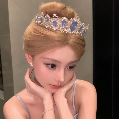 奢华蓝色爆闪大水钻皇冠发饰