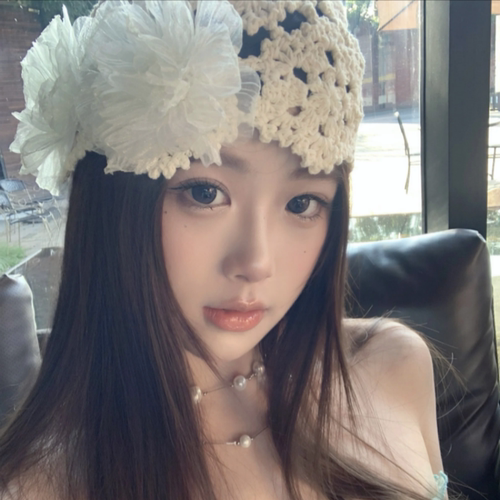 大头围甜美镂空花朵包头帽女夏季显脸小时尚百搭钩花薄款套头帽子