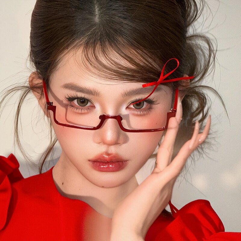 纯欲红色半框眼镜架高级感细框方形眼镜麻辣女教师装饰镜框无镜片