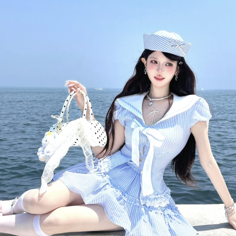 日系条纹蝴蝶结水手帽子女cos拍照学院风jk制服海军帽礼帽甜美风