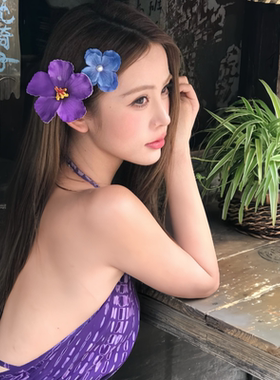 法式氛围感紫色扶桑花发夹女复古花朵头饰春日少女风发饰度假头饰