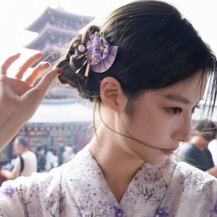 日式和服头饰手工布艺扇形流苏花朵鸭嘴夹和风配色头花发夹发饰女