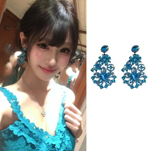 复古千金感！蓝色闪钻花朵耳环女2026轻奢高级感耳钉夸张耳坠耳饰