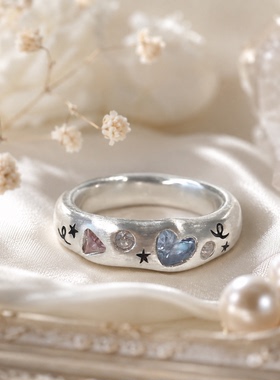 纯银天然彩色宝石刻星星爱心女戒