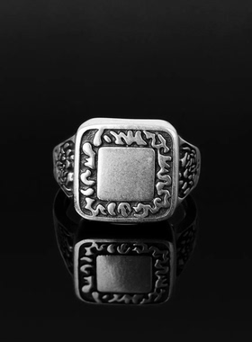 纯银戒指复古银色方形纹理指环厚