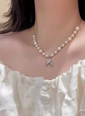 鱼尾珍珠项链女可抽拉调节精致