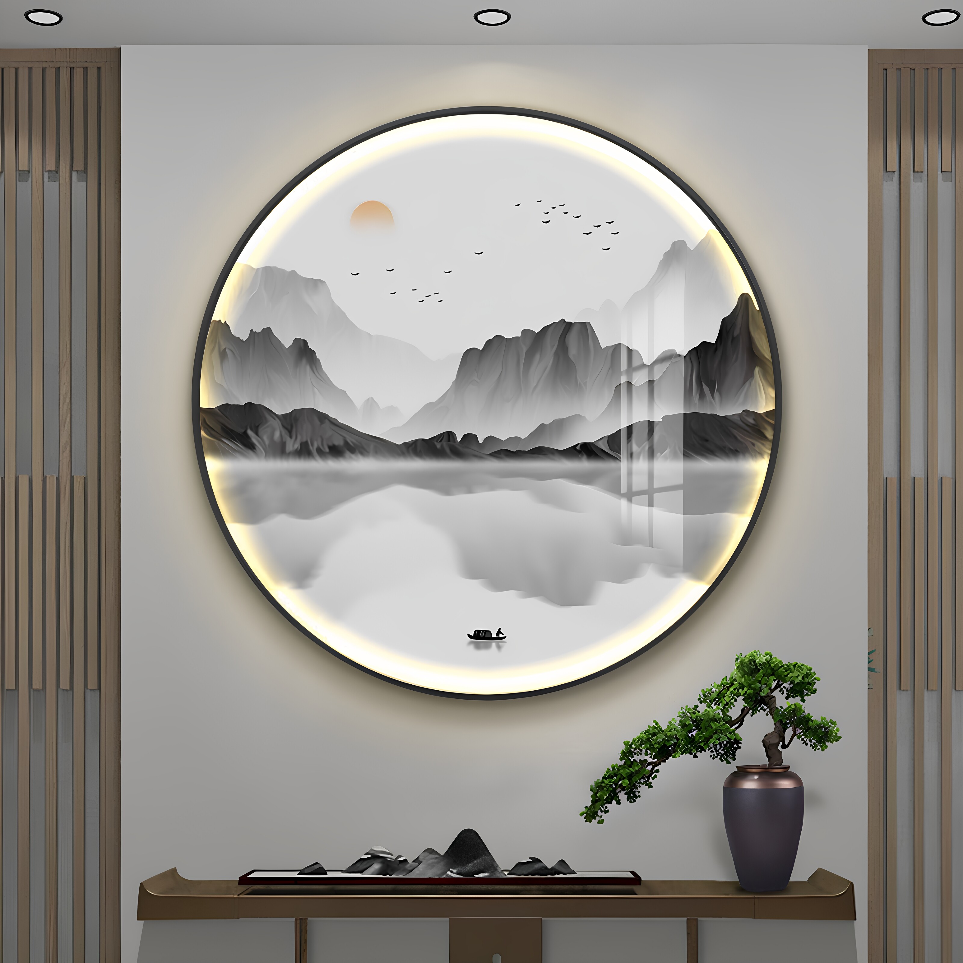 中古风茶室圆形l茶室灯画背景墙图片