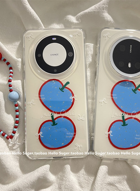 小众艺术涂鸦蓝色苹果插画适用华为mate70pro+手机壳mate60pro双层新款pura70pro链条手绳mate60创意新款女款