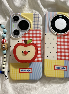 韩风ins彩色拼接格纹适用华为mate60pro+手机壳pura70pro苹果支架mate60双层新款保护套mate70pro带链条防摔
