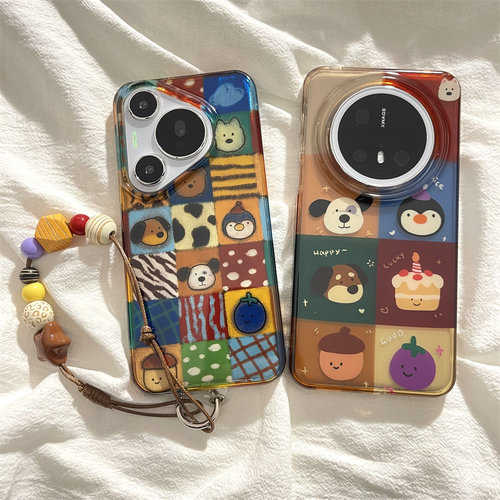 简约拼接格纹小动物适用华为mate70pro+手机壳mate60pro链条挂绳pura70pro双层新款保护套mate60个性情侣胶套
